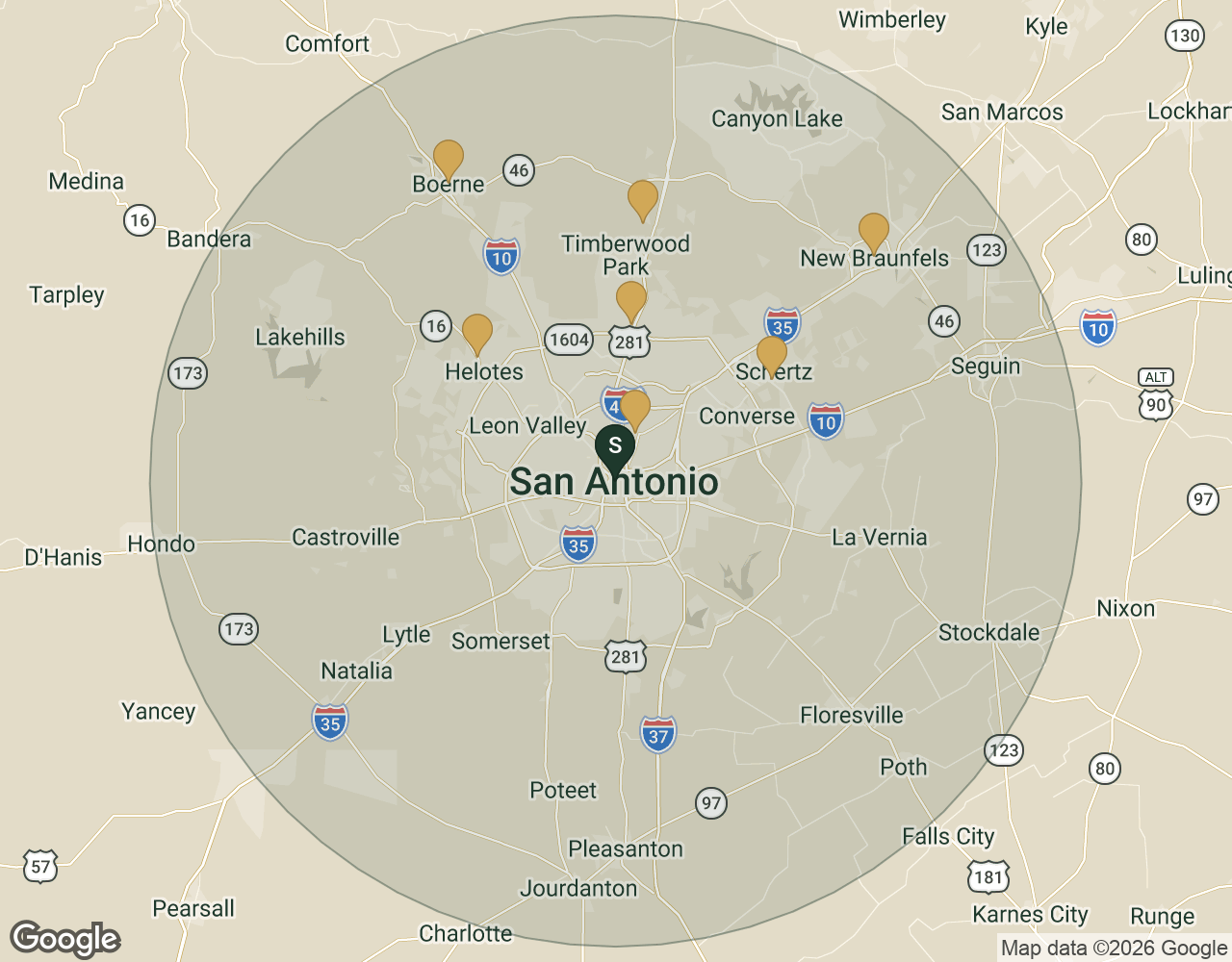 Map of the 40-mile service radius around downtown San Antonio with key neighborhoods marked.